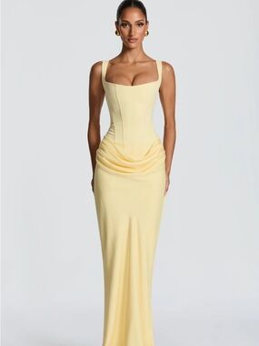 Baby Boo Yellow Cornelia Maxi Dress, Sculpting Corset with Draped Waist
